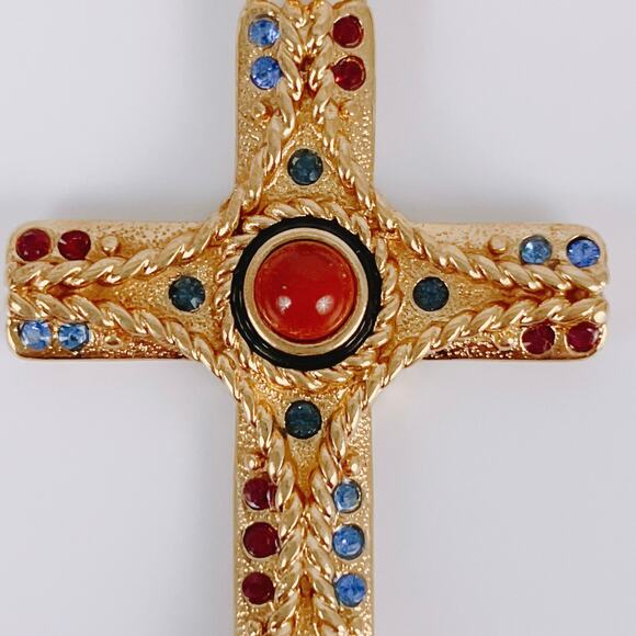 Signed JBK Camrose & Kross 18K Plated Byzantine Jasper Gemstone Cross Necklace - Picture 4 of 15